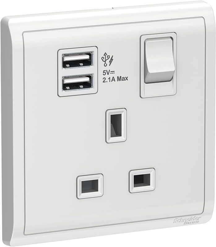 Schneider Electric 13A 1 Gang Switched Socket with 2.1A USB, White - E8215USB_WE